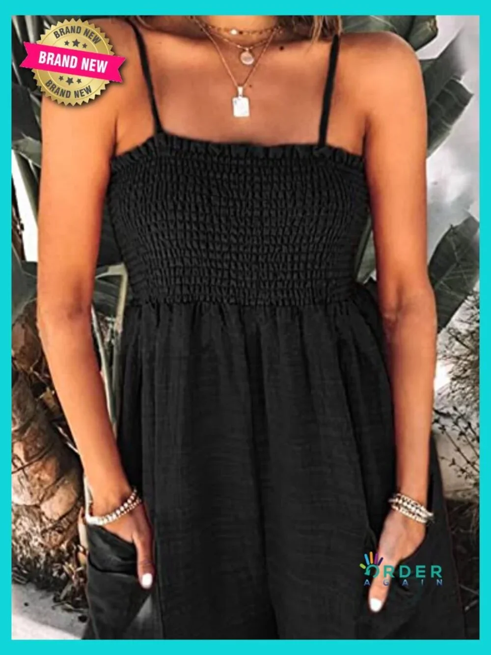 Smocked Square Neck Jumpsuit Adjustable Spaghetti Straps Loose Maxi Pants Summer